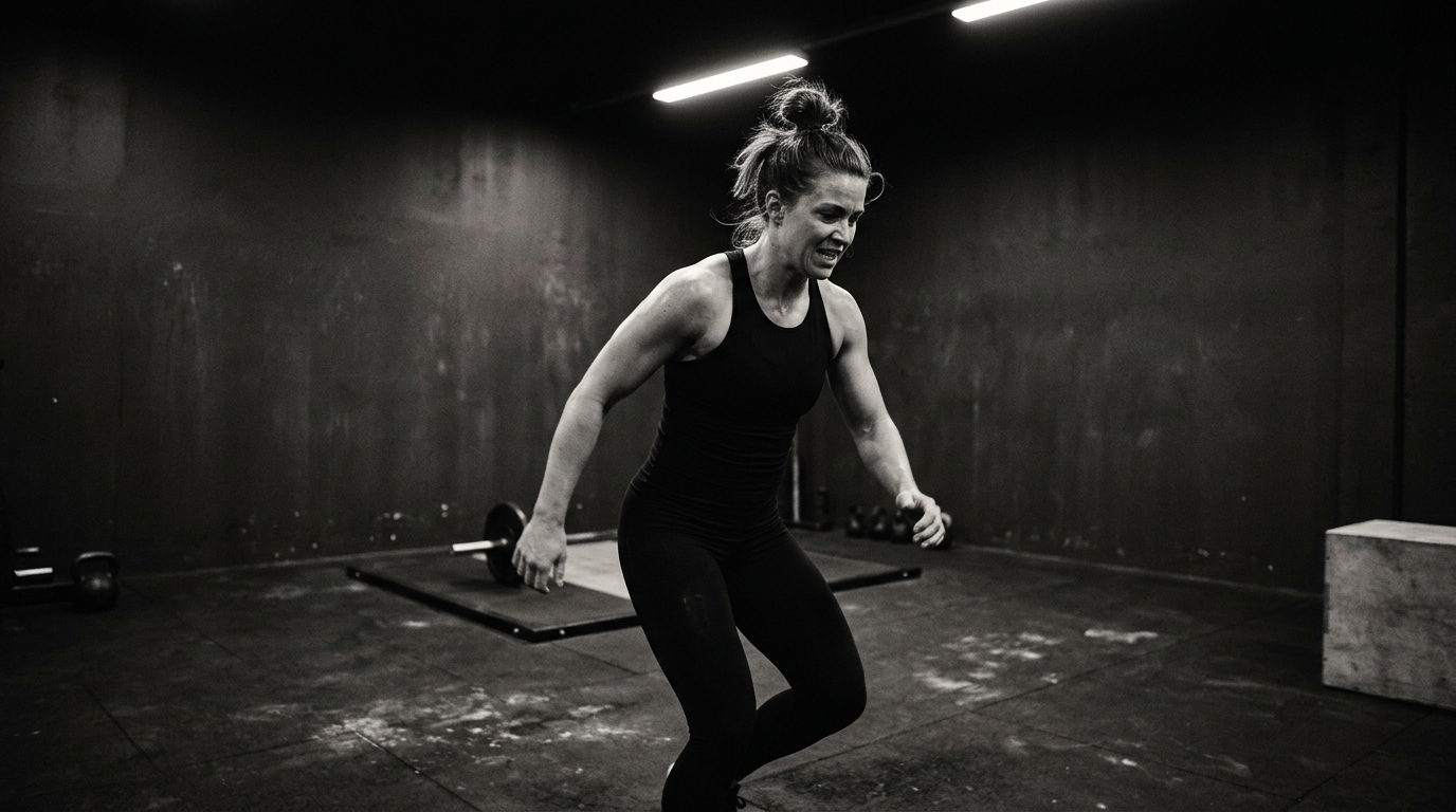 Kvinna i svarta träningskläder i mörkt gym