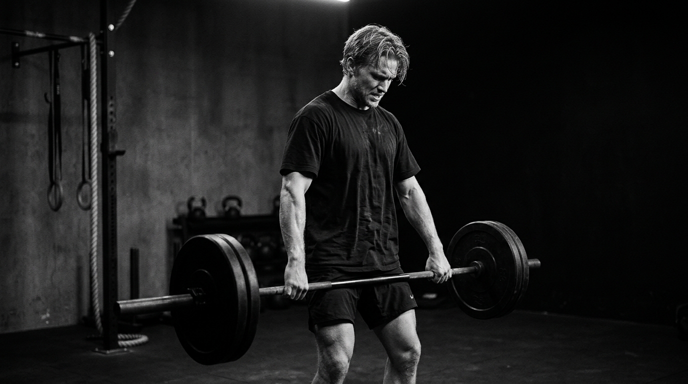 Man i svart tränings-t-shirt i mörkt gym